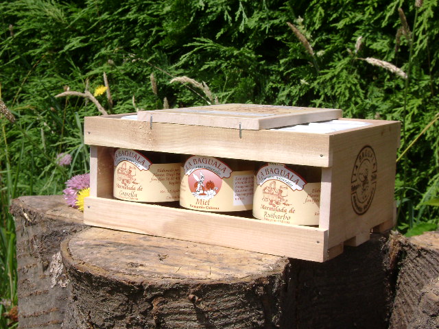 Cajón de madera con tres frascos La Baguala (grosella, miel y ruibarbo) sobre un tronco, entre flores